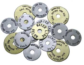 Customize your utility washers online.  Perfect marking product for wet concrete and asphalt.